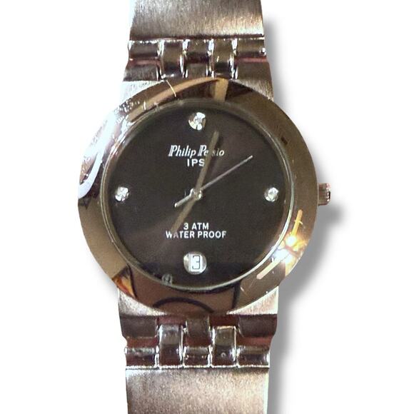 NOS Philip Persio Watch Mens Stainless Steel 38mm Polished Brushed Date Quartz - Picture 3 of 10